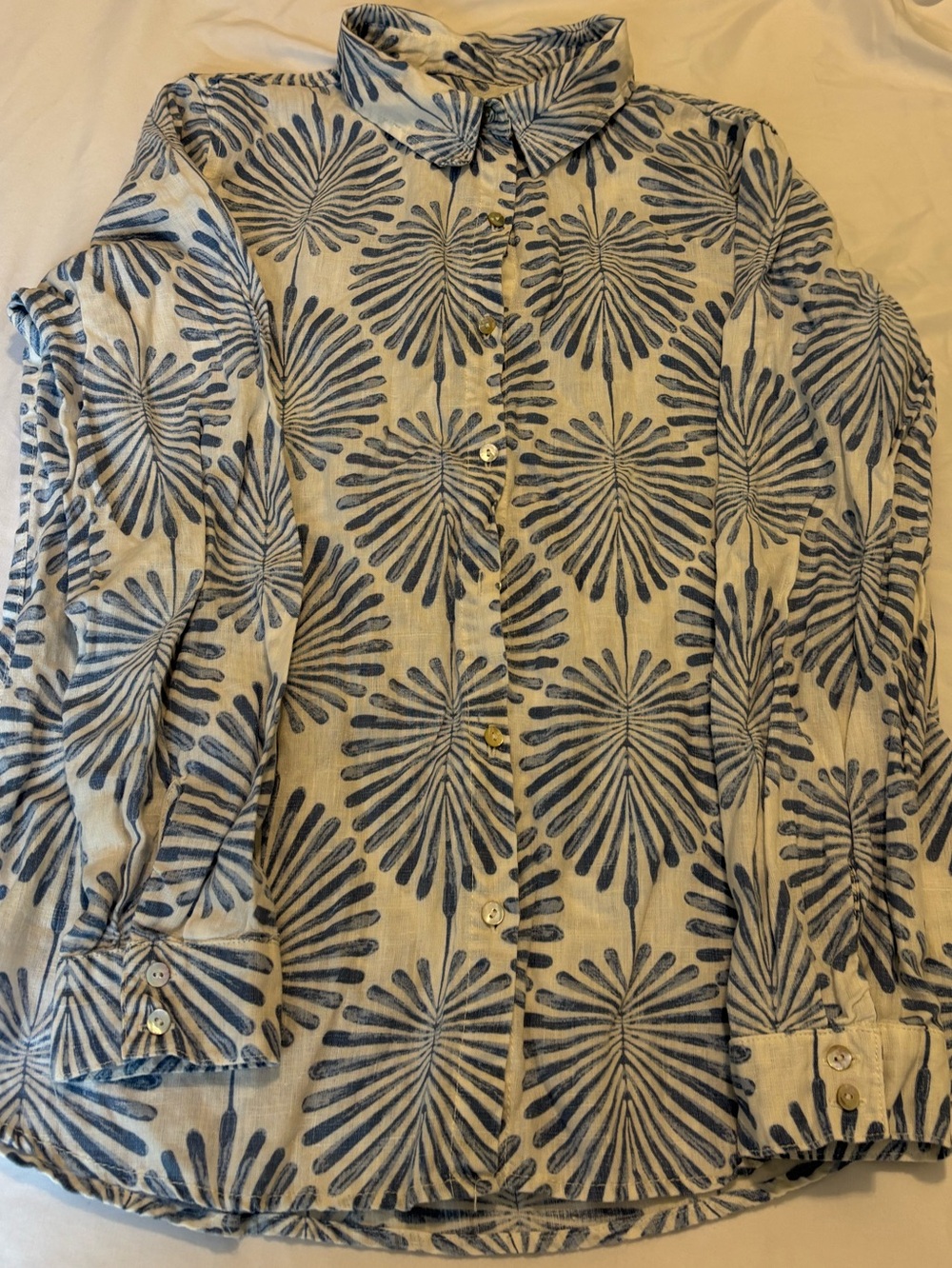 Joie 100% Linen Vibrant Blue White Palm Floral Print Button Down Shirt Beachy L